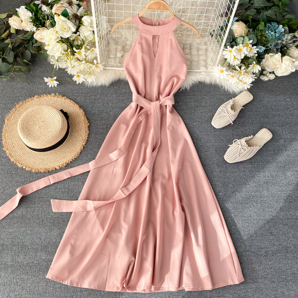 Rochie de dama moderna, lunga, fara bretele, in roz si rosu