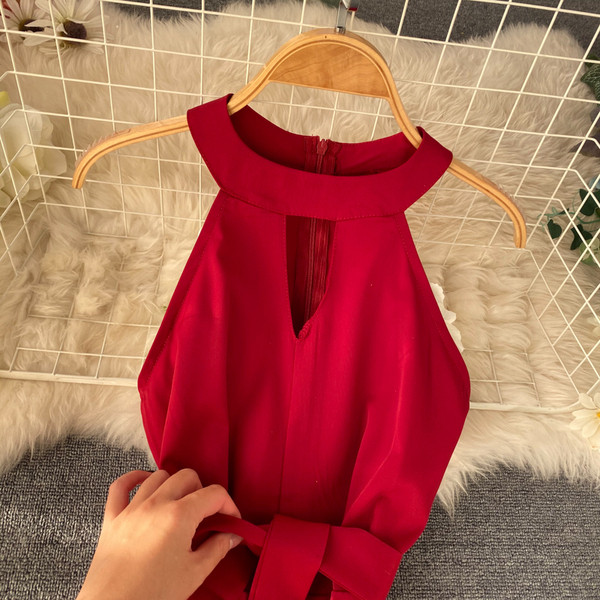 Rochie de dama moderna, lunga, fara bretele, in roz si rosu