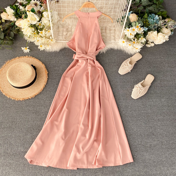 Rochie de dama moderna, lunga, fara bretele, in roz si rosu