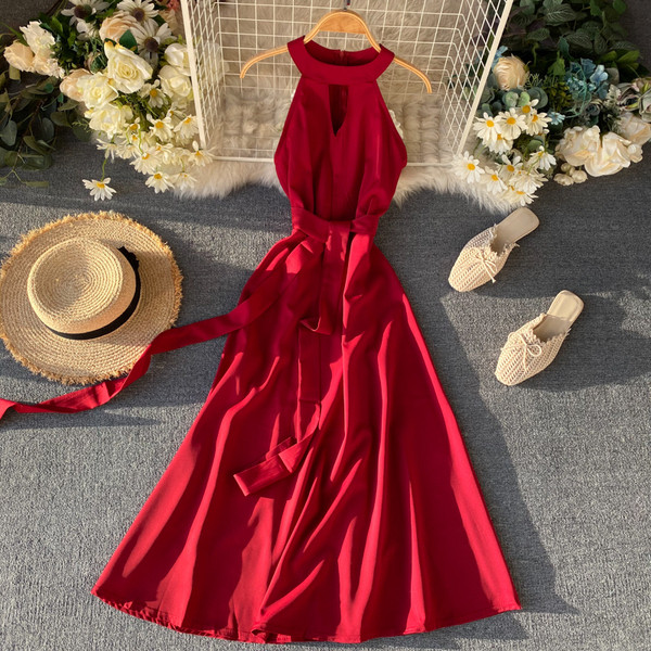 Rochie de dama moderna, lunga, fara bretele, in roz si rosu