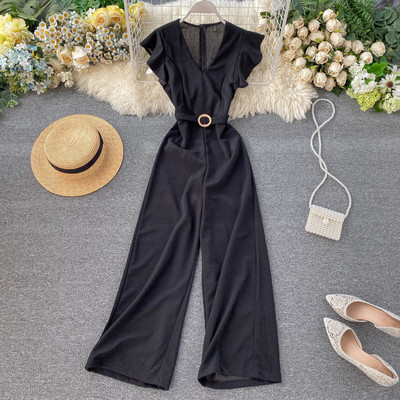 Női hosszú jumpsuit övvel és V-nyakú bordó, kék, zöld, fekete és szürke színekben