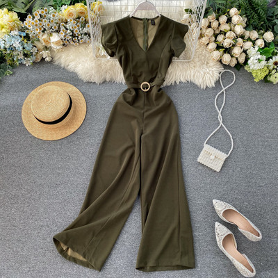 Női hosszú jumpsuit övvel és V-nyakú bordó, kék, zöld, fekete és szürke színekben