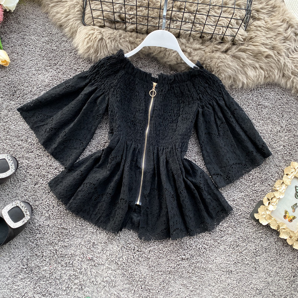 Κομψή δαντελωτήγυναικεία μπλούζα  με φερμουάρ καικοντά  φαρδιά μανίκια σε διάφορα χρώματα