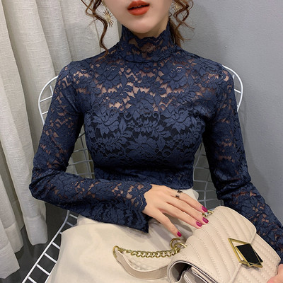 Дантелена дамска блуза в пет цвята с дълъг ръкав и висока яка