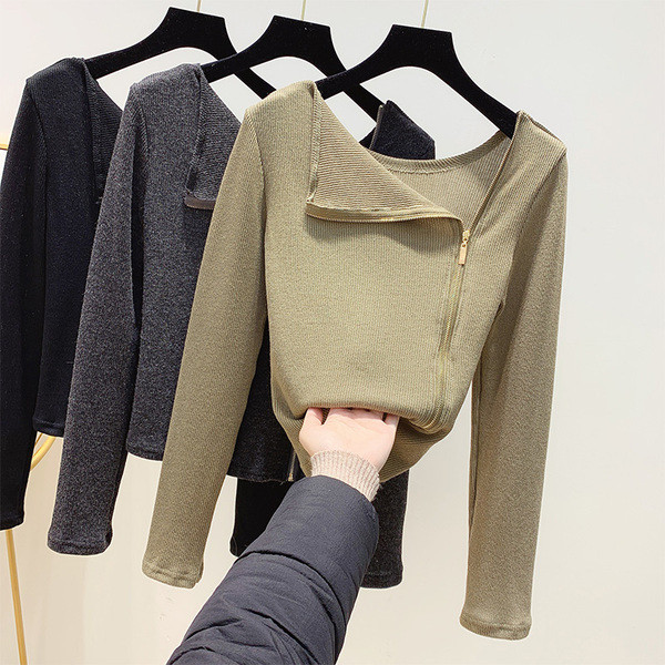 Γυναικεία φθινόπωρο-Χειμερινήμπλούζα με πλαϊνό φερμουάρ σε καφέ, μαύρο και γκρι χρώμα