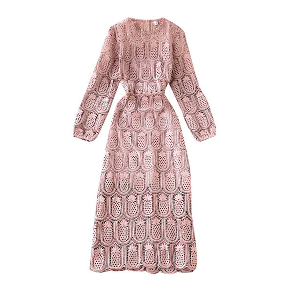 Rochie modernă de damă din dantelă, cu mâneci lungi și decolteu oval, în negru, roșu, roz și alb