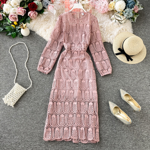 Rochie modernă de damă din dantelă, cu mâneci lungi și decolteu oval, în negru, roșu, roz și alb