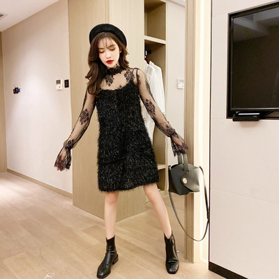 Μοντέρνο σετ διαφανής μπλούζα με δαντέλα και φόρεμα με λεπτές λουρίδες και κρόσσια σε μαύρο, μπεζ και καφέ χρώμα