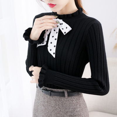 Μοντέρνο γυναικείο πουλόβερ  με κορδέλα και μακρύ μανίκι σε τέσσερα χρώματα