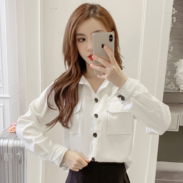 Cămașă de damă potrivită pentru iarnă cu nasturi și buzunare în alb și negru