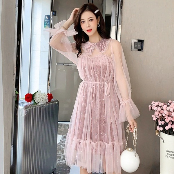 Κομψό γυναικείο φόρεμα σε ροζ και μπεζ χρώμα με τούλι και πέρλες