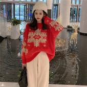 Χειμερινό πουλόβερ με μοτίβο Χριστουγέννων νιφάδα χιονονιφάδα σε κόκκινο, μπεζ και μαύρο χρώμα