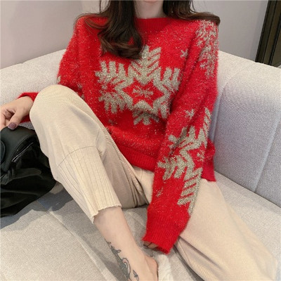 Χειμερινό πουλόβερ με μοτίβο Χριστουγέννων νιφάδα χιονονιφάδα σε κόκκινο, μπεζ και μαύρο χρώμα