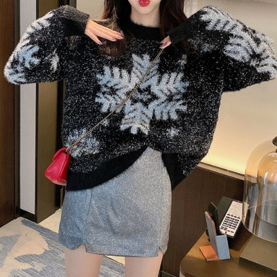 Χειμερινό πουλόβερ με μοτίβο Χριστουγέννων νιφάδα χιονονιφάδα σε κόκκινο, μπεζ και μαύρο χρώμα