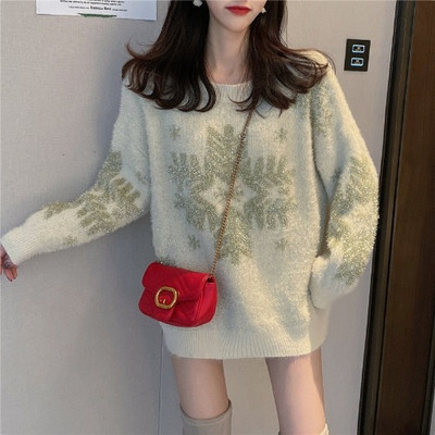 Χειμερινό πουλόβερ με μοτίβο Χριστουγέννων νιφάδα χιονονιφάδα σε κόκκινο, μπεζ και μαύρο χρώμα