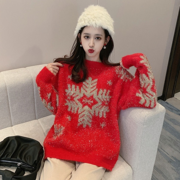 Χειμερινό πουλόβερ με μοτίβο Χριστουγέννων νιφάδα χιονονιφάδα σε κόκκινο, μπεζ και μαύρο χρώμα