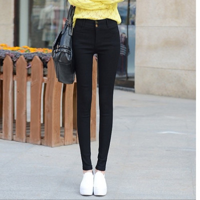 Pantaloni lungi de dama cu talie inalta si nasturi in negru