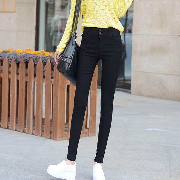 Pantaloni lungi de dama cu talie inalta si nasturi in negru