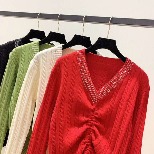 Pulover de dama cu dantela si decolteu in V in verde, rosu, negru si alb