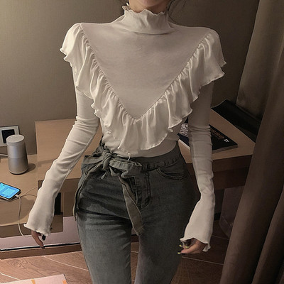 Bluză de damă în stil retro în patru culori, cu guler semiînalt și bucle