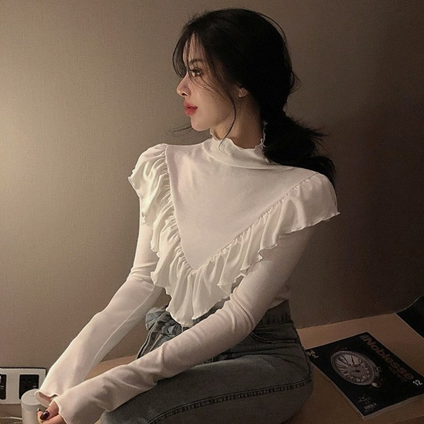 Bluză de damă în stil retro în patru culori, cu guler semiînalt și bucle