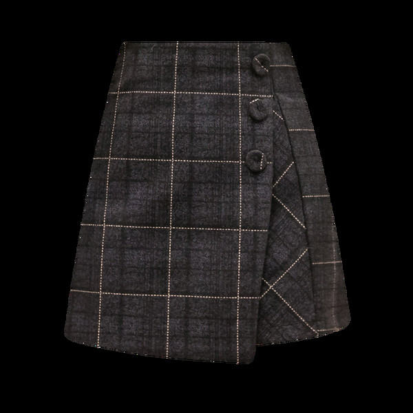 Kockás női szoknya gombokkal, magas derékkal - aszimmetrikus modell