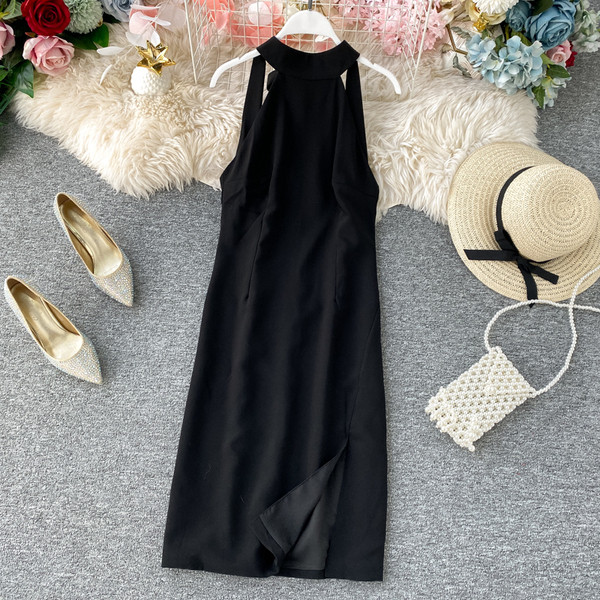 Rochie moderna de dama cu fanta in culoarea neagra-model drept