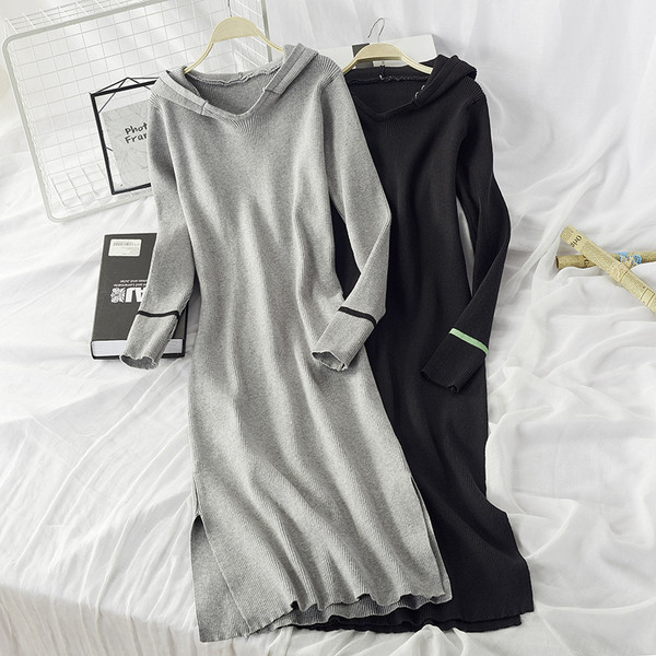 Rochie de dama sport-casual cu gluga model lung in gri si negru