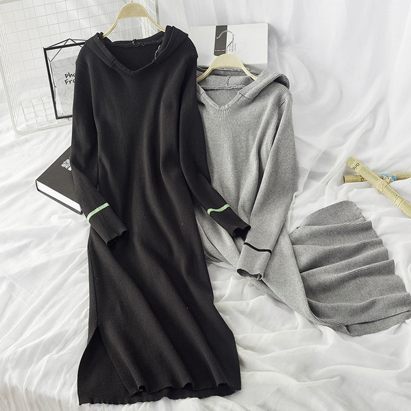 Rochie de dama sport-casual cu gluga model lung in gri si negru