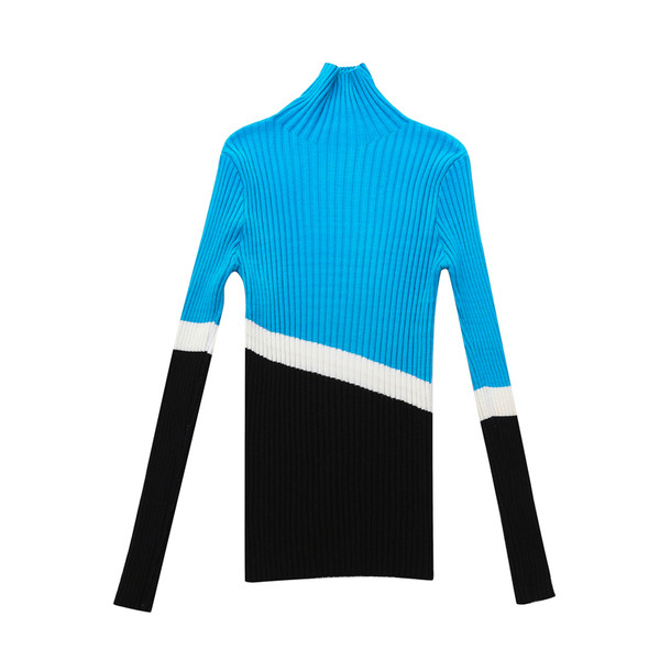 Γυναικείο πουλόβερ με ψηλό γιακά  Λεπτό μοτίβο σε καφέ, γκρι και μπλε χρώμα