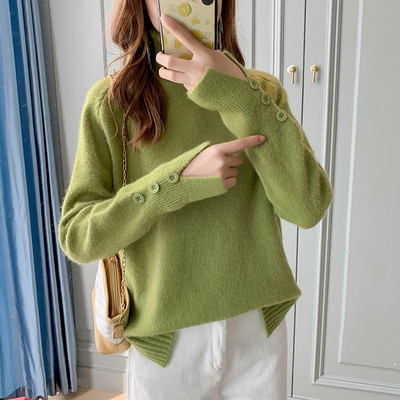 Χειμερινό γυναικείο πουλόβερ  με κουμπιά στα μανίκια και ψηλό γιακά σε πορτοκαλί, πράσινο, καφέ και ροζ χρώμα