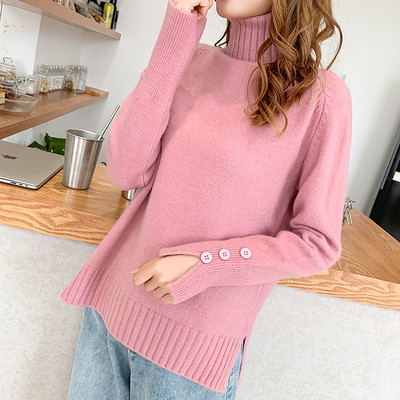 Χειμερινό γυναικείο πουλόβερ  με κουμπιά στα μανίκια και ψηλό γιακά σε πορτοκαλί, πράσινο, καφέ και ροζ χρώμα