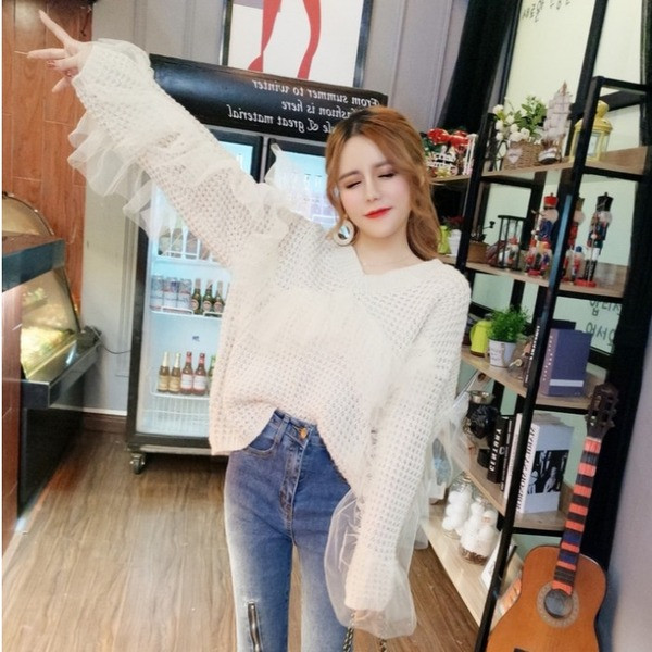 Rózsaszín és bézs színű női pulóver tüll és V-nyakkal