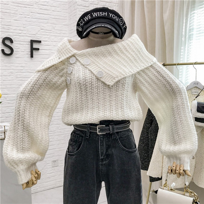 Νέο μοντέλο γυναικείο πουλόβερ με κουμπιά και φαρδιά μανίκια σε καφέ, λευκό, κόκκινο και μοβ χρώμα