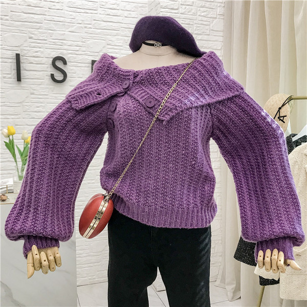 Νέο μοντέλο γυναικείο πουλόβερ με κουμπιά και φαρδιά μανίκια σε καφέ, λευκό, κόκκινο και μοβ χρώμα