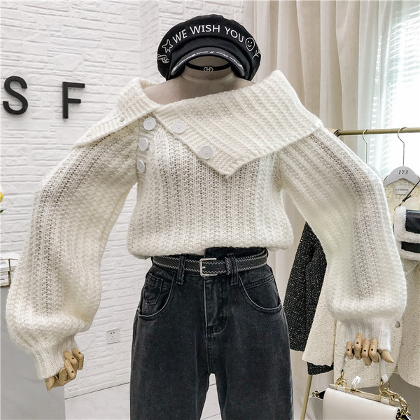 Νέο μοντέλο γυναικείο πουλόβερ με κουμπιά και φαρδιά μανίκια σε καφέ, λευκό, κόκκινο και μοβ χρώμα