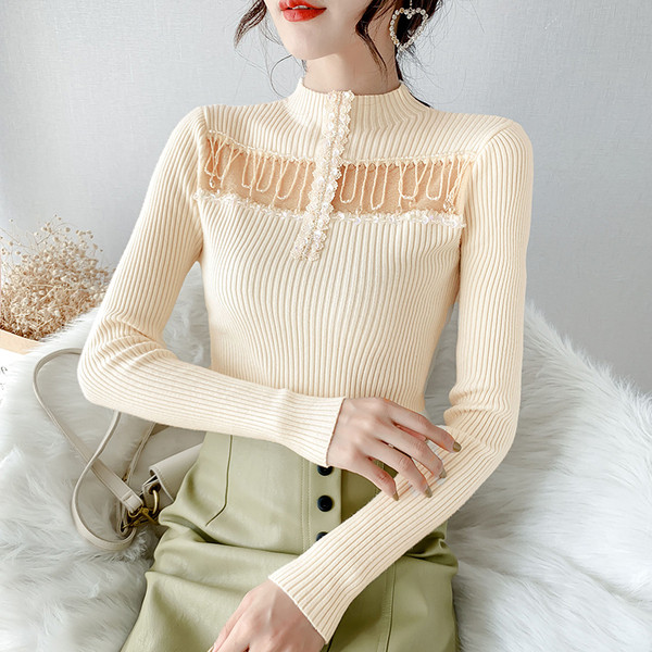 Γυναικείο πουλόβερ με κολάρο και χάντρες , πούλιες σε μπεζ, μαύρο, πράσινο και ροζ χρώμα