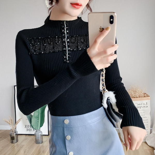 Γυναικείο πουλόβερ με κολάρο και χάντρες , πούλιες σε μπεζ, μαύρο, πράσινο και ροζ χρώμα