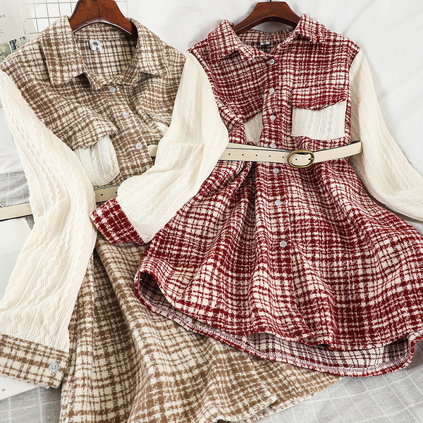 Modern női kockás ruha övvel és zsebekkel barna, piros és fekete színben