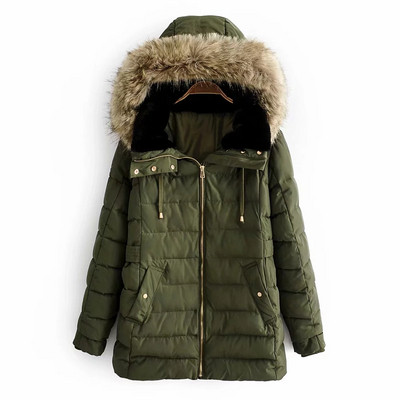 Μακρύ χειμωνιάτικο μπουφάν με φερμουάρ και κουκούλα με πράσινο και μαύρο χρώμα