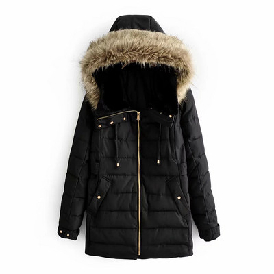 Μακρύ χειμωνιάτικο μπουφάν με φερμουάρ και κουκούλα με πράσινο και μαύρο χρώμα