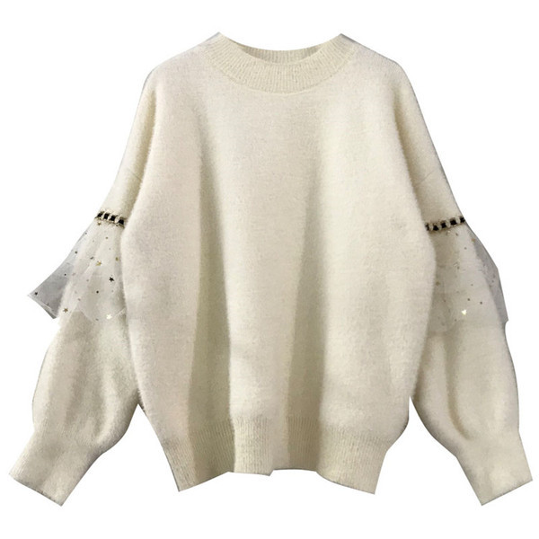 Νέο μοντέλο γυναικείο μαλακό πουλόβερ με στρογγυλη λαιμόκοψη και τούλι σε λευκό και μαύρο χρώμα