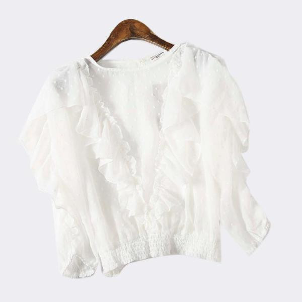 Bluză scurtă modernă din tul cu bucle și talie elastică în alb