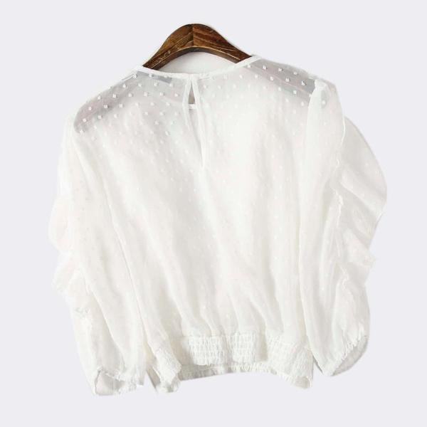 Bluză scurtă modernă din tul cu bucle și talie elastică în alb