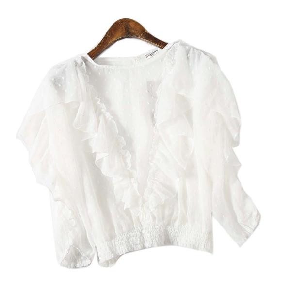 Bluză scurtă modernă din tul cu bucle și talie elastică în alb