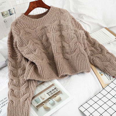 Divatos női rövid pulóver ovális nyakkivágással és hosszú ujjú barna, piros és fehér színben