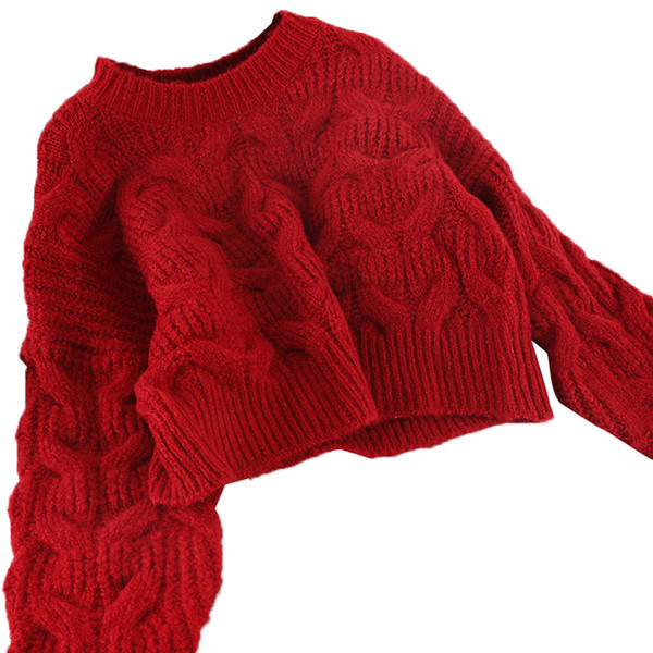 Divatos női rövid pulóver ovális nyakkivágással és hosszú ujjú barna, piros és fehér színben