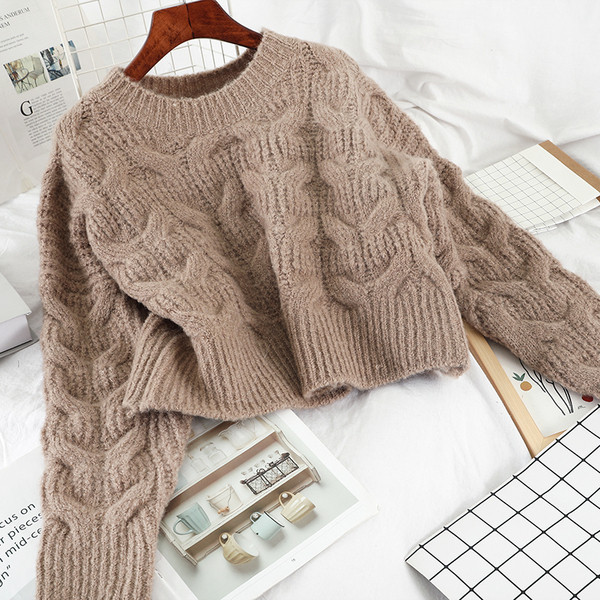 Divatos női rövid pulóver ovális nyakkivágással és hosszú ujjú barna, piros és fehér színben