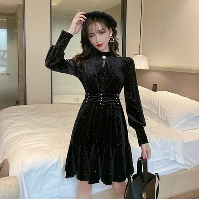 Γυναικείο βελούδο ρετρό στυλ  γυναικείο φόρεμα με μακρύ μανίκι  σε ροζ και μαύρο χρώμα