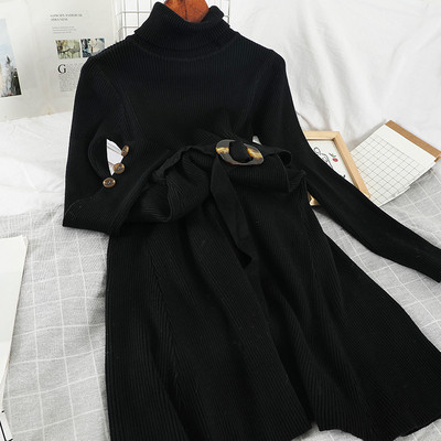 Modern női hosszú ruha magas gallérral és övvel fekete, bézs, szürke és rózsaszín színekben